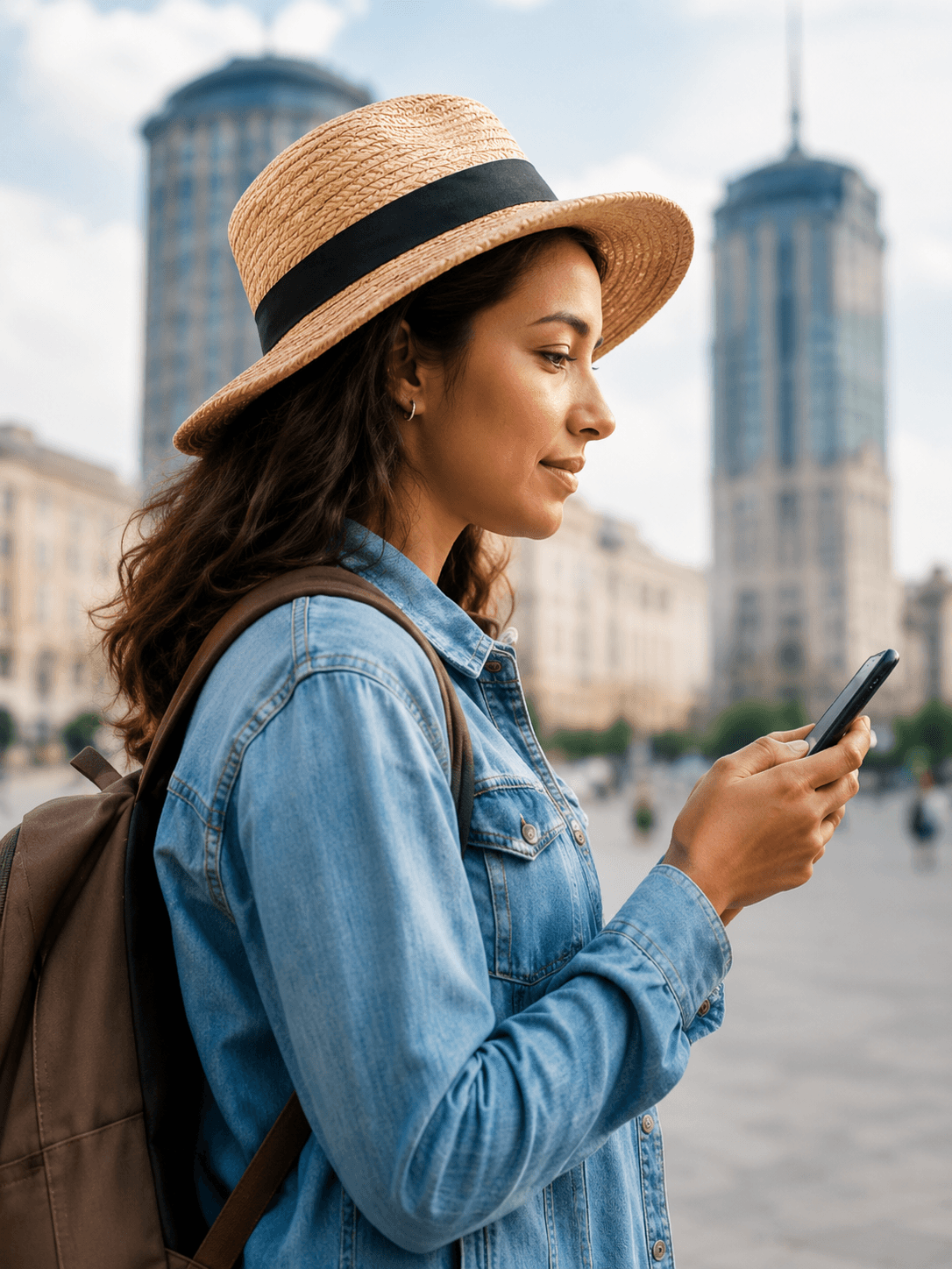 Traveller using her phone in a European city.
